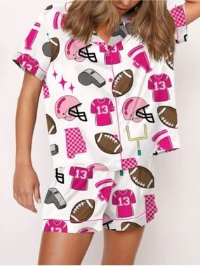 Sheshow Women's Pink Football Cheer Print Pajama Set S New
